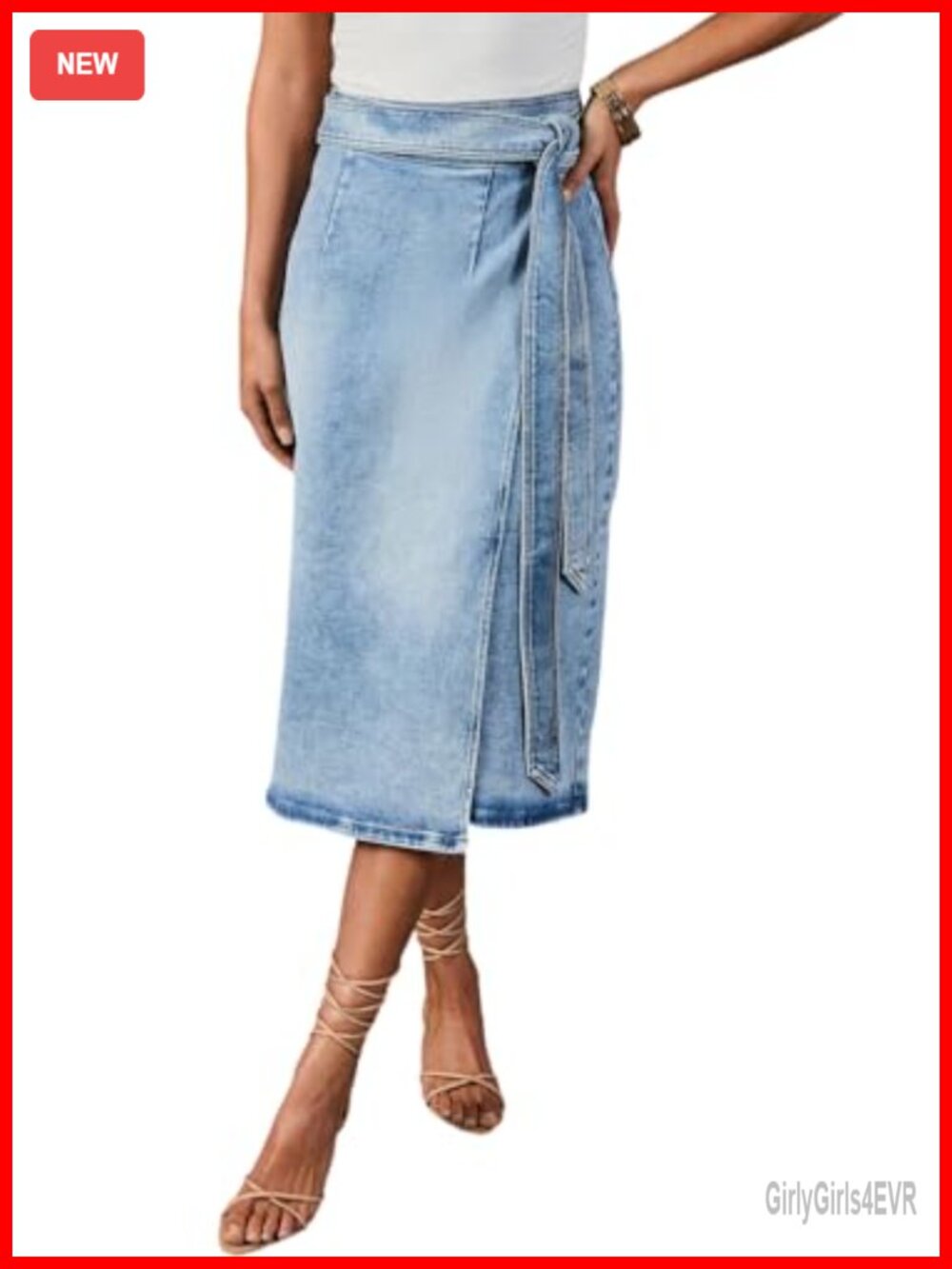 Women's Denim Midi Wrap Skirt Tie Side High Waist A-Line Jean Skirt